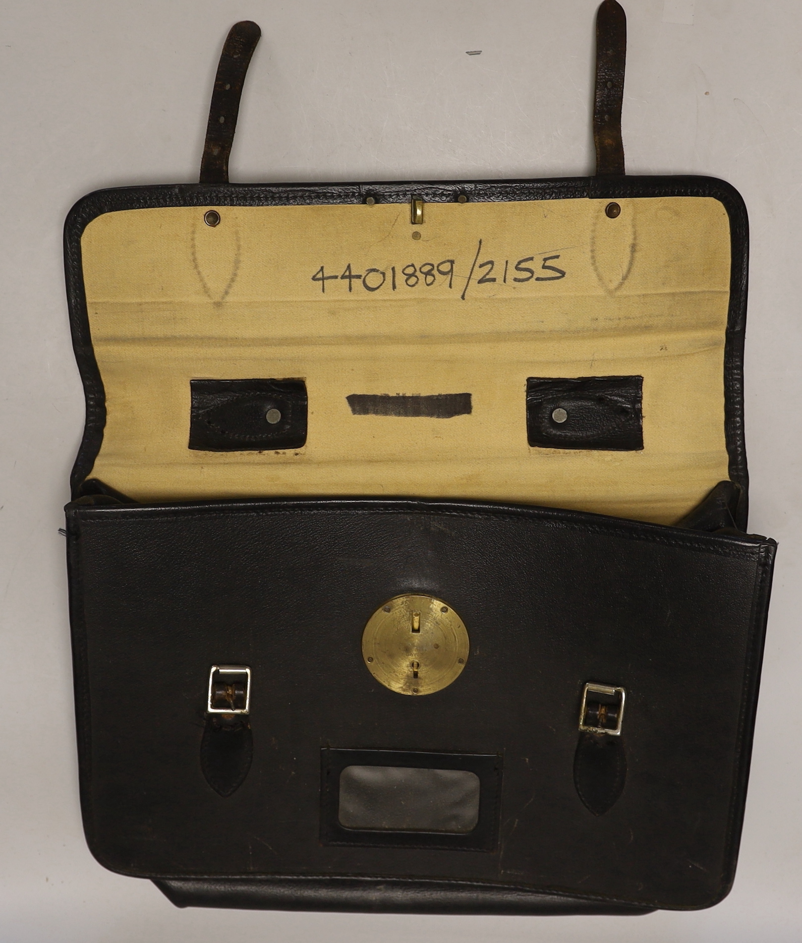 A black leather satchel, ER Royal cypher, 40cm wide, 27cm high